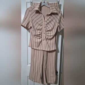 SHEIN Cream and Black Striped 2pc Flare Leg Pant Set